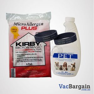 Kirby Pet Stain and Odor Remover 651ml +2 Genuine Kirby Belts + 6 Genuine Kirby’s Ultimate Filtration Bags, MICRON ALLERGEN PLUS