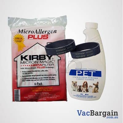 Kirby Pet Stain and Odor Remover 651ml +2 Genuine Kirby Belts + 6 Genuine Kirby’s Ultimate Filtration Bags, MICRON ALLERGEN PLUS