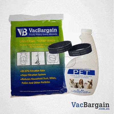 Kirby Pet Stain and Odor Remover 651ml +2 Genuine Kirby Belts + 6 VB Bags Fits All Kirby Models